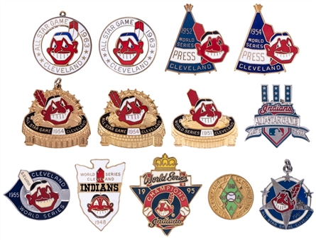 1920-1997 Cleveland Indians Press Pin Collection (13 Different) Including World Series Example!